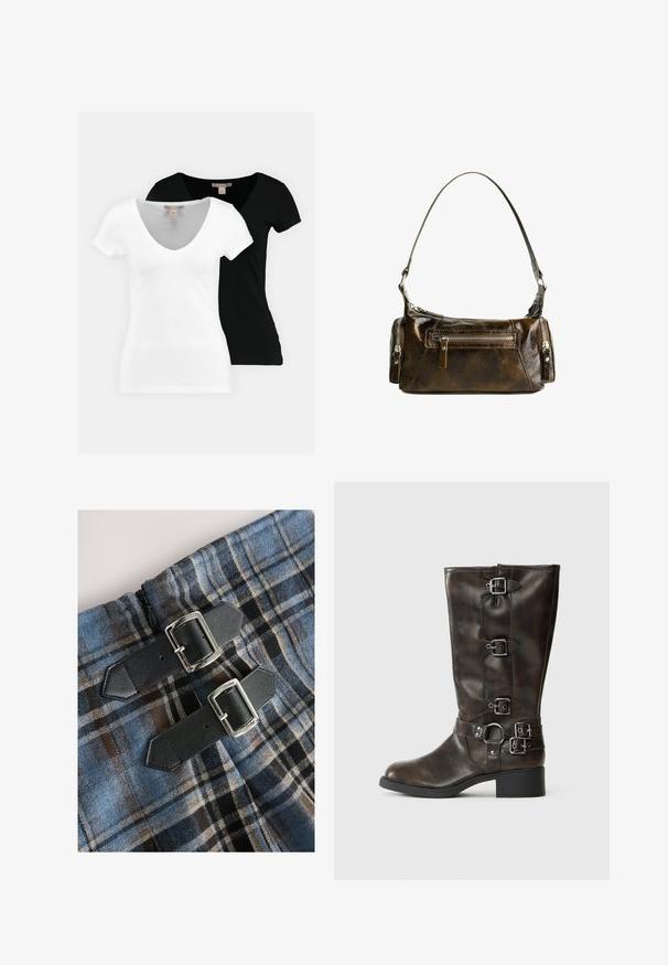 Dve tričká s krátkym rukávom a V-výstrihom, jedno biele a druhé čierne, vyrobené z mäkkej tkaniny, s jednoduchým dizajnom a bez viditeľných vzorov.; Modrotlačová látka v modrej a hnedej farbe s jemnou textúrou, so dvoma čiernymi koženými remienkami so striebornými prackami na zapínanie. Viditeľné zipsy.; Hnedé kožené čižmy po kolená s viacerými prackami, okrúhlou špičkou a nízkym hrubým podpätkom. Majú textúrovaný povrch a nastaviteľné popruhy.; Hnedá kožená kabelka so zakriveným tvarom, striebornými komponentmi a dvomi zipovými vreckami vpredu. Súčasťou je nastaviteľný ramenný popruh.
