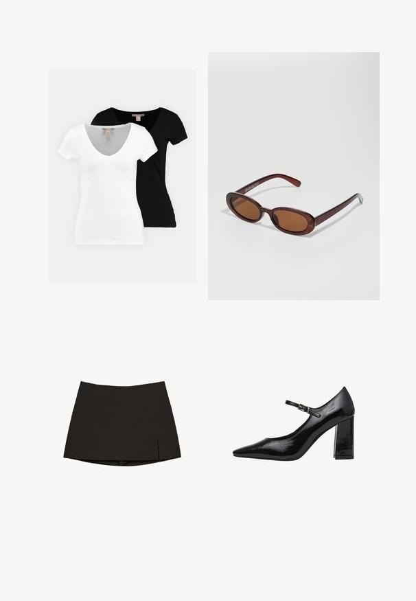Two short-sleeve V-neck t-shirts, one in white and one in black, made from soft fabric, featuring a simple design and no visible patterns.; Black mini skirt made from smooth fabric, featuring a straight design with side slits and a clean hem. Simple and versatile.; Black patent leather pump with a pointed toe and a mid-height block heel. Features an adjustable ankle strap with a metal buckle.; Round, brown-tinted sunglasses with a glossy burgundy frame. Slim arms with subtle branding detail. Flat lens design.; Woven straw basket with a flared shape, featuring a black leather base and handles. Textured natural fibers with smooth black accents.; Casio quartz watch with a rectangular silver dial, gold accents, and a two-tone metal bracelet in silver and gold. Water-resistant feature.