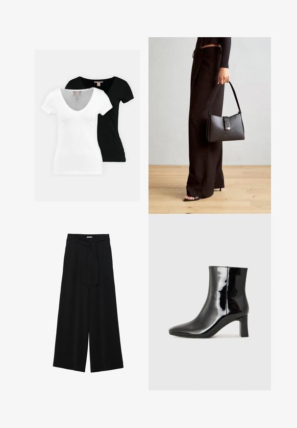 Two short-sleeve V-neck t-shirts, one in white and one in black, made from soft fabric, featuring a simple design and no visible patterns.; Black wide-leg pants featuring a textured fabric, an elastic waistband, and a detachable sash tie at the waist for adjustable fit.; Black patent leather ankle boot with a pointed toe and a mid-height block heel. Smooth texture and minimalist design.; Black handbag with structured shape, smooth texture, and a metallic clasp. Paired with wide black pants and open-toe sandals on wooden floor.