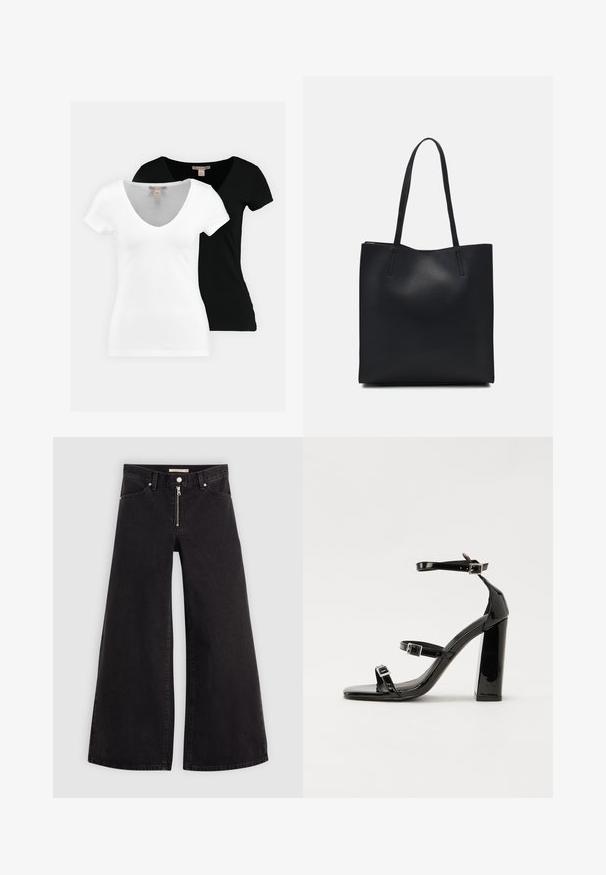 Du plonos rankovės V formos neck marškinėliai, vieni balti, o kiti juodi, pagaminti iš minkštos medžiagos, su paprastu dizainu ir be matomų raštų.; Plačios kojų džinsai iš juodo džinsinio audinio su užtrauktuku priekyje, penkių kišenių dizainu ir subtiliais siuvinėjimo akcentais. Lygus paviršius ir laisvalaikio stilius.; Juoda blizgi lakuota basutė su kvadratiniu pirštu, kulkšnies dirželiais ir sidabro sagtimis. Yra tvirta blokinė kulno konstrukcija, užtikrinanti stabilumą.; Juodas odinis tote krepšys su lygia tekstūra, stačiakampio formos ir dviem ilgais rankenomis. Matomų metalinių detalių ar puošybos nėra.