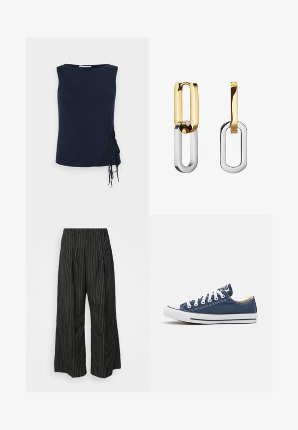 Top senza maniche blu navy con collo rotondo, caratterizzato da lacci laterali per una vestibilità regolabile e un orlo leggermente curvo. Tessuto morbido.; Pantaloni a gamba larga neri a righe con pieghe, caratterizzati da un design sartoriale e una texture morbida. Nessun hardware o decorazione visibile.; Sneaker in tela di colore blu navy con occhielli e lacci bianchi, dotata di una punta in gomma bianca e una striscia nera lungo la suola.; Orecchini in metallo dorato e argentato con anelli rettangolari intrecciati, dal design elegante e con una finitura lucida.