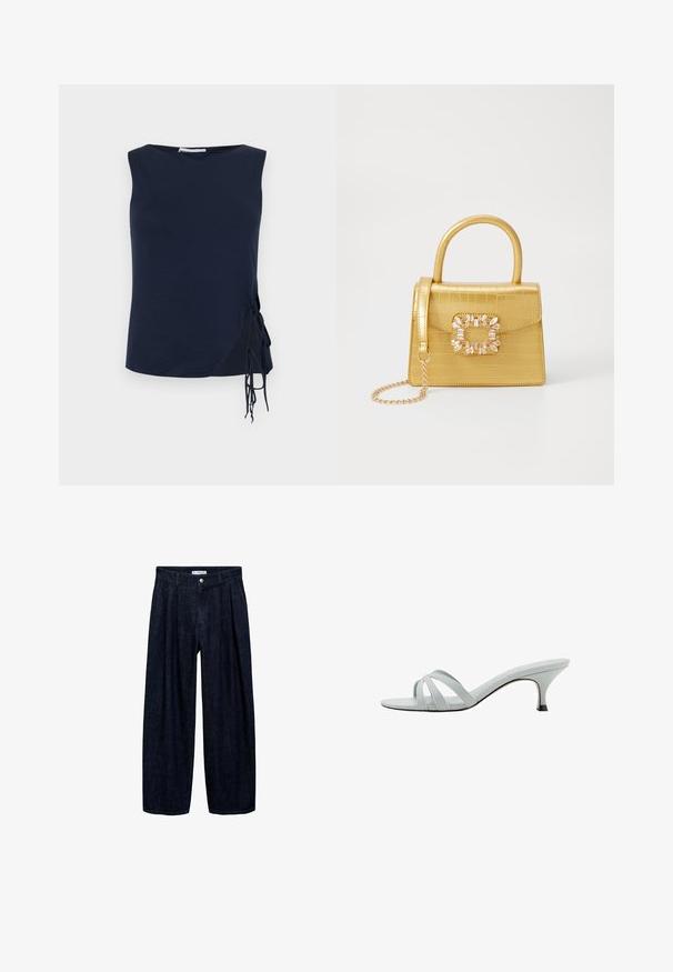 Temno modra brezrokavnik s krožnim izrezom, z bočnimi vezalkami za prilagodljivo prileganje in rahlo zakrivljenim robom. Mehek tekstilni material.; Temne traper hlače širokega kroja z naborki na pasu, z sprednjim gumbom in zankami za pas. Gladka tekstura in dolga zasnova.; Svetlo sivi sandali s petom s tremi ukriženim trakama, vitkim oblikom i suženom petom. Glatka tekstura s lagano sjajnim završetkom.; Rumeno usnjeno-usnje z vzorcem krokodila, s strukturiranim dizajnom, zgornjo ročajem, snemljivo verižico in dekorativnim kristalnim okrasjem na zaponki.