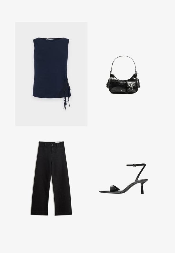 Top fără mâneci de culoare albastru marin, cu guler rotund, având șnururi laterale pentru ajustarea potrivirii și un tiv ușor curbat. Textură moale a țesăturii.; Pantaloni din denim negri cu picioare largi, cu talie înaltă, având buzunare frontale și posterioare, cusături dublate și închidere cu nasture. Textură netedă.; Bershka Sandale cu toc - black; Geantă de mână din piele lăcuită neagră, cu o formă curbată, un umăr, buzunare frontale și accente din metal argintiu.