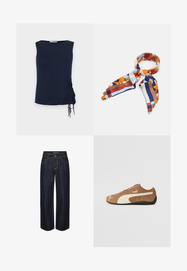 Navy blue sleeveless top with a round neck, featuring side ties for adjustable fit and a slightly curved hem. Soft fabric texture.; Dark denim wide-leg jeans with a drawstring waist, featuring contrast stitching, front pockets, and a slightly loose fit.; Brown suede low-top sneaker with cream accents, textured surface, black rubber sole, and embroidered logo on the side and tongue.; Silk scarf featuring a colorful floral and geometric pattern in shades of orange, blue, brown, and cream. Triangular ends with a smooth texture.