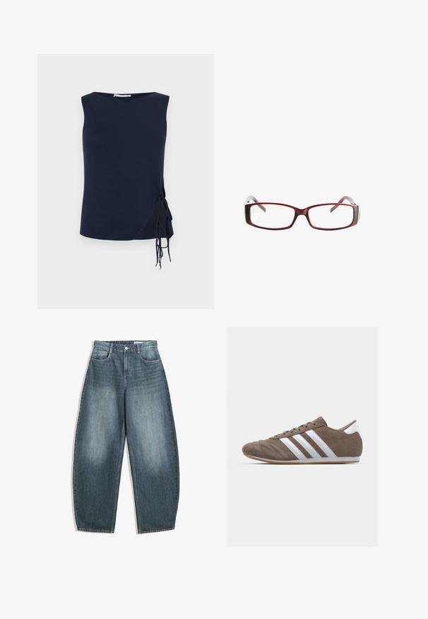 Sötétkék ujjatlan top, kerek nyakkal, oldalán állítható fűzőkkel és enyhén ívelt aljjal. Puha szövet textúra.; Világoskék farmer széles lábú nadrág, magas derékkal, öt zsebbel, finom elhalványodással és varrásmintákkal a varrások mentén.; Barna velúr sportcipő fehér csíkokkal, kerek orral, fűzős kialakítással és gumitalppal. Textúrázott felsőrész varrási részletekkel.; Vörös téglalap alakú szemüveg, amelynek elegáns kivitele van. Átlátszó lencsék, enyhén áttetsző szárak, és vörösből szürkébe átmenő színátmenet.