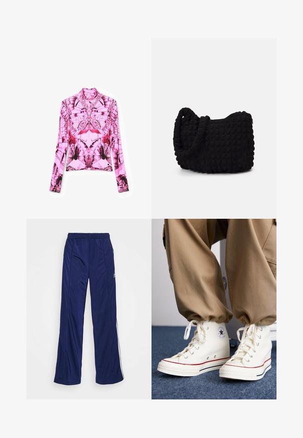 Desigual Bluză cu mânecă lungă - rosa desierto; Pantaloni sport navy, cu un tiv elastic, picioare drepte și fermoare laterale. Prezintă margini albe pe laterale. Textură de țesătură netedă.; Adidași înalți albi din canavice cu talpă din cauciuc, având un logo cu stea neagră și accente de dungi roșii și bleumarin.; Geantă dintr-un material textil negru, cu un model texturat și matlasat. Formă rotundă, mânere scurte și groase, și o structură moale, flexibilă.