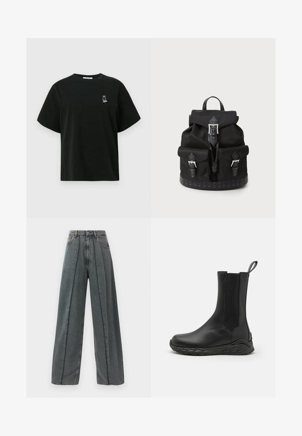 Juodas medvilninis marškinėliai su trumpomis rankovėmis, su mažu siuvinėtu personažu mėlynu kostiumu kairėje krūtinės pusėje.; Plati šviesiai pilki džinsai su aukštu liemeniu, su suplėšytomis siūlėmis, bėgančiomis vertikaliai per priekį, ir klasikinio penkių kišenių dizainu.; MCM SKYWANDER - Batai - black; Juodas nailono kuprinės su dviem priekiniuose kišenėse, viršutine dangteliu su sagtimi ir raštais dekoruotu dugnu ir apvadu.