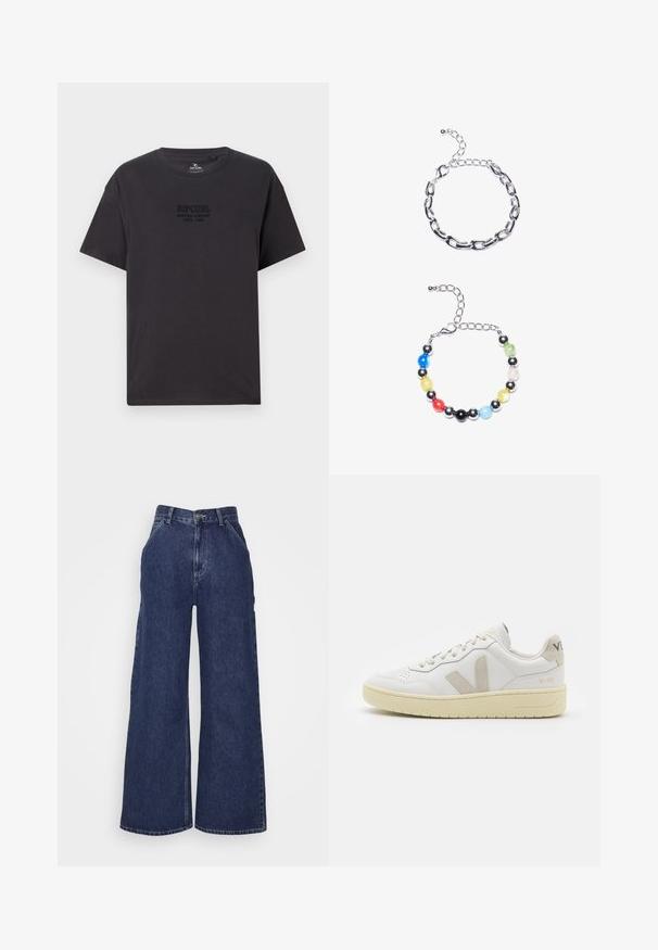Fekete pamut póló, kerek nyakkal, rövid ujjakkal, és egy diszkrét, dombornyomott "Ripcurl Surfing Company" logóval a mellen.; Sötétkék, bő szárú farmernadrág, magas derékkal, elülső zsebekkel és fémből készült gombos cipzárral. Simább textúra és klasszikus dizájn.; Fehér bőr sneaker bézs velúr részletekkel, perforált orr résszel, lapos fűzőkkel és textúrált krémszínű talppal. Finom márkajelzés található a sarkán.; Ezüst lánc karkötő, meghosszabbított szemekkel a tetején. Alatta egy színes gyöngy karkötő fekete, kék, zöld, sárga, piros és átlátszó gyöngyökkel.