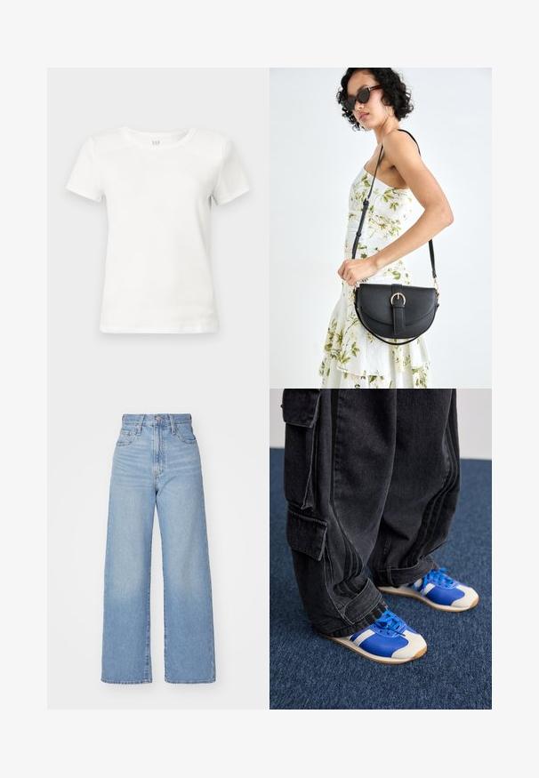 Camiseta de algodón blanca, de manga corta, cuello redondo, textura suave, corte recto, etiquetas visibles en el interior del cuello, sin diseños gráficos ni adornos.; Jeans de tiro alto y pernera ancha en azul claro, con cierre frontal de botón y cremallera, y bolsillos delantero y trasero, sobre un fondo blanco.; Persona vistiendo pantalones cargo negros holgados y zapatillas azules y blancas, de pie sobre una moqueta azul oscura.; Bolso de piel negra con forma curva, correa desmontable y herrajes dorados. El bolso cuenta con una solapa con un detalle de hebilla.