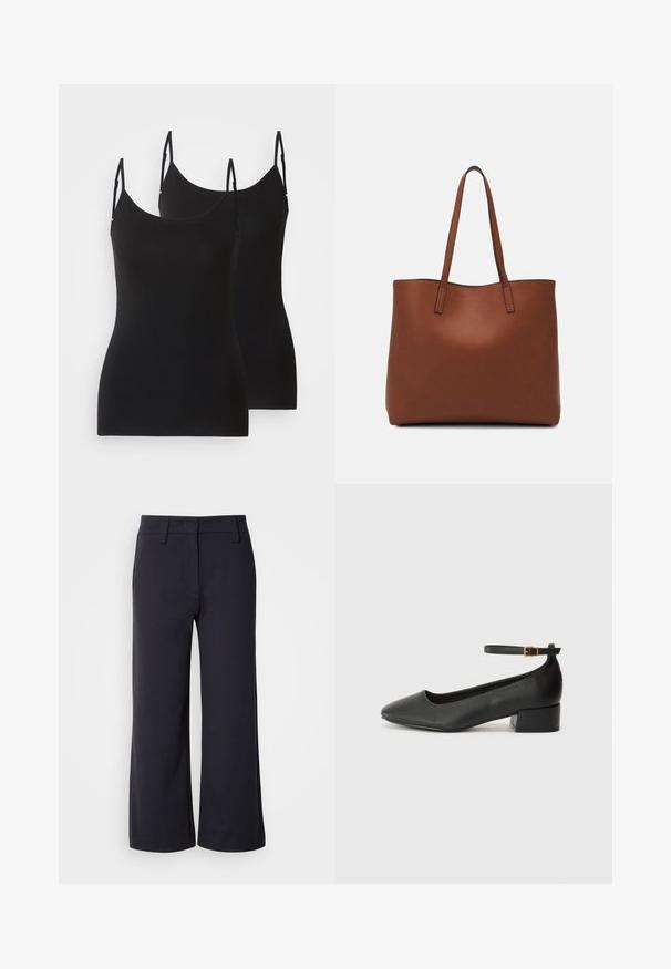 Black sleeveless camisoles, made of soft fabric, with adjustable straps and a fitted design. Two pieces shown side by side.; Wide-leg trousers in dark navy fabric. Features a flat front, belt loops, and side pockets. The material is smooth with a slight stretch.; Black leather pump with a pointed toe and a low block heel. Features an ankle strap with a gold-tone buckle. Smooth texture.; Brown leather tote bag with a smooth texture, open top design, and two shoulder straps. Features minimal stitching and no visible hardware.