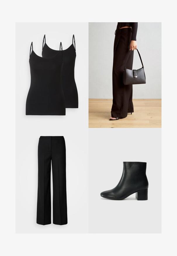 Camicette nere senza maniche, realizzate in morbido tessuto, con spalline regolabili e design attillato. Due pezzi mostrati affiancati.; Pantaloni neri a gamba larga in tessuto morbido, con vita alta, cuciture sartoriali e design minimalista. Nessuna ferramenta visibile o tasche.; Stivali neri in pelle fino alla caviglia con punta appuntita e tacco spesso. Texture liscia con minimi dettagli e un design elegante e aderente.; Borsa nera con forma strutturata, texture liscia e una chiusura metallica. Abbinata a pantaloni neri larghi e sandali open-toe su un pavimento in legno.