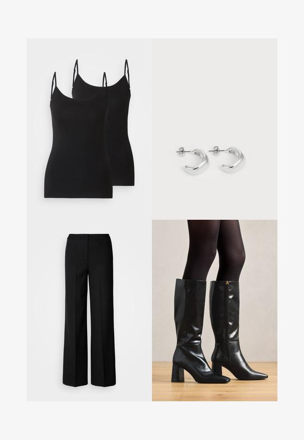 Melnas bez piedurknēm kamolītes, izgatavotas no mīksta auduma, ar regulējamām siksnām un pieguļošu dizainu. Parādītas divas daļas blakus viena otrai.; Melni plati bikses ar gludu audumu, piedāvājot augstu jostasvietu, pielāgotas šuves un minimālistisku dizainu. Nav redzamu piederumu vai kabatu.; Ceļa augumā melni ādas zābaki ar spoguļjošu apdari, smailo purngalu un masīnu papēdi. Sānu rāvējslēdzēja detaļa vieglai uzvilkšanai.; Sudraba gredzena auskari ar gludu, pulētu apdari. Apaļa forma ar nedaudz izliekta dizaina un sajauktām malām. Ar tapu aizdari.