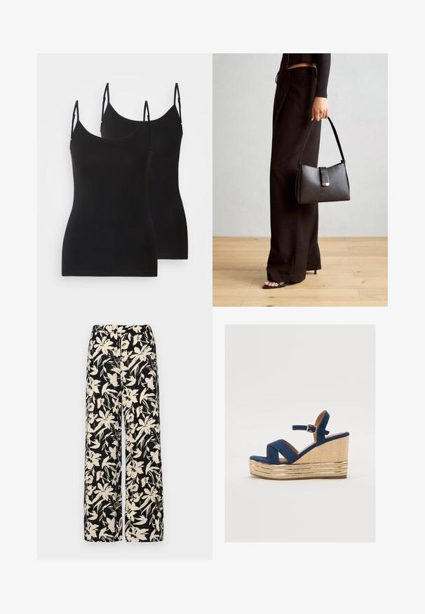 Juoda be rankovių kamizola, pagaminta iš minkštos medžiagos, su reguliuojamomis juostelėmis ir prigludusia forma. Du vienetai rodomi šalia vienas kito.; Juodos plačios kojos kelnės su grietinėlės spalvos gėlių raštu. Pagamintos iš lengvos medžiagos, pasižyminčios lygiapass viršutine tekstūra ir aukštu liemeniu.; Tamsiai mėlynos spalvos platforminės sandalai su kryžminėmis juostelėmis, tekstūruota natūralaus pluošto platforma ir auksiniu metaliniu akcentu ant pagrindo.; Juodas rankinė struktūrizuota forma, lygi tekstūra ir metalinis užsegimas. Suporuota su plačiomis juodomis kelnėmis ir atvirais bateliais ant medinių grindų.