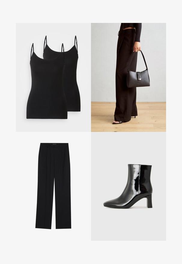 Schwarze ärmellose Tops, aus weichem Stoff, mit verstellbaren Trägern und tailliertem Schnitt. Zwei Teile nebeneinander gezeigt.; Schwarze Hose mit geradem Bein, ausgestattet mit zwei frontalen Taschen und einem Taillenbund. Hergestellt aus einem glatten, leichten Stoff.; Schwarzer Lackleder-Stiefelette mit spitzer Zehe und einem mittelhohen Blockabsatz. Glatte Textur und minimalistisches Design.; Schwarze Handtasche mit strukturierter Form, glatter Textur und einem metallischen Verschluss. Kombiniert mit weiten schwarzen Hosen und offenen Sandalen auf einem Holzboden.