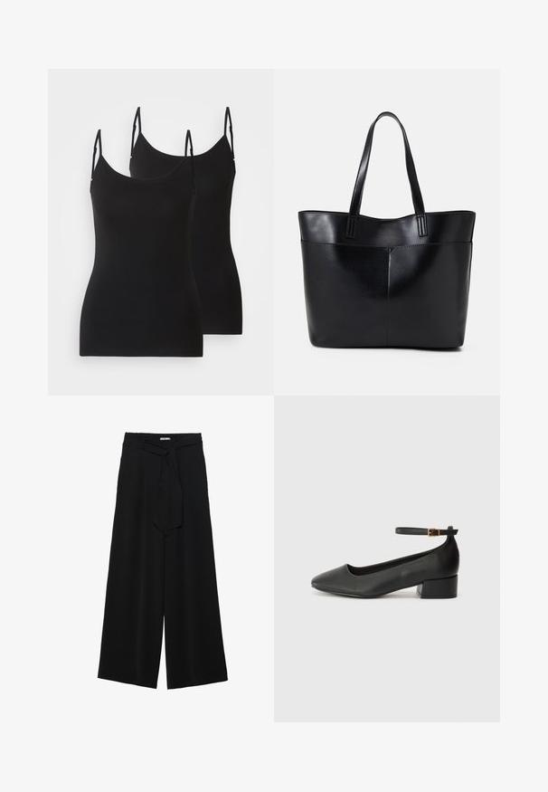 Camisetas sin mangas negras, hechas de una tela suave, con tirantes ajustables y un diseño ajustado. Dos piezas mostradas lado a lado.; Pantalones de pierna ancha negros con un tejido texturizado, una cinturilla elástica y un lazo desmontable en la cintura para un ajuste ajustable.; Zapato de tacón negro de cuero con punta afilada y tacón bajo cuadrado. Presenta una correa para el tobillo con una hebilla en tono dorado. Textura suave.; Bolso tote de cuero negro con dos asas largas, textura suave y forma estructurada. Cuenta con un bolsillo frontal para almacenamiento adicional.