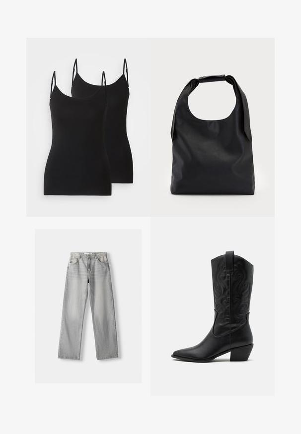 Sorte ærmeløse camisoles, lavet af blødt stof, med justerbare stropper og en tætsiddende design. To stykker vist side om side.; Lys grå denim jeans med lige pasform, der har to frontlommer, en knappelukning og diskrete slidser for tekstur.; Sorte læder cowboystøvler med spids tå, præget svungen mønster og en mid-højde hæl. Har en trækflap for nemt at tage på.; Sort læder hobo taske med et enkelt, blødt, rundt håndtag; har en glat tekstur og et minimalistisk design. Ingen synligt hardware eller accenter.