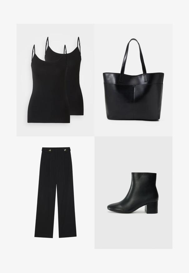 Zwarte mouwloze tops, gemaakt van zachte stof, met verstelbare bandjes en een getailleerd ontwerp. Twee stuks naast elkaar weergegeven.; Zwarte wijde broek met hoge taille, knoopdetails op de tailleband en plooien aan de voorkant.; Zwarte leren enkellaarzen met een spitse neus en een chunky hak. Gladde textuur met minimale accenten en een slank, strakk ontwerp.; Zwarte leren tote bag met twee lange handvatten, een zachte textuur en een gestructureerde vorm. Voorzien van een voorvak voor extra opslagruimte.