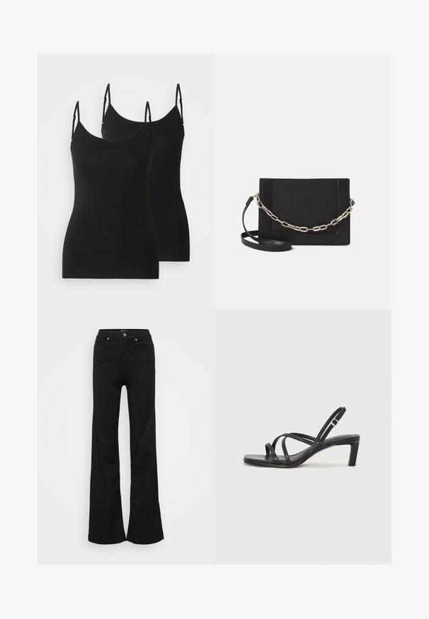 Melnas bez piedurknēm kamolītes, izgatavotas no mīksta auduma, ar regulējamām siksnām un pieguļošu dizainu. Parādītas divas daļas blakus viena otrai.; Melnas flared džinsas, izgatavoti no denima, ar augstu jostasvietu, piecām kabatām un metāla pogu aizdari. Gluda tekstūra ar minimālu apdari.; Melnas strappy sandales ar kvadrātveida purngaliem un zemu bloku papēdi. Ievērojamas ar vairākiem plāniem siksniņām un regulējamu potītes siksniņu. Izgatavotas no gludas ādas.; Melna ādas crossbody soma ar gludu faktūru, taisnstūrveida formu un metalizētu ķēdes detaļu priekšā. Iekļauta regulējama siksna.