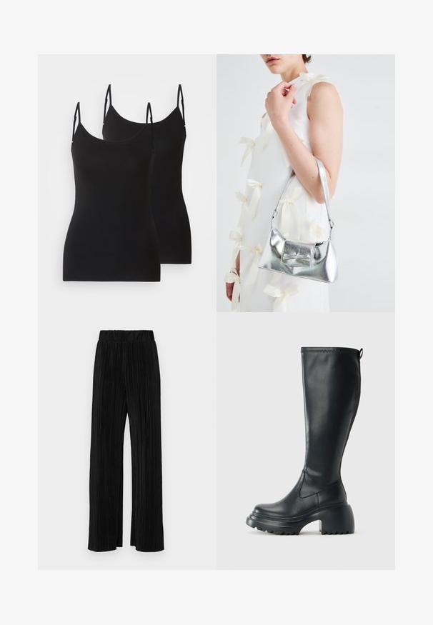 Svartermede stroppeløs topper, laget av mykt stoff, med justerbare stropper og tettsittende design. To stykker vist side om side.; Sorte plisserte bukser med elastisk midje. Har vide ben og et glatt, strukturert stoff med vertikale striper.; Høy svart lærstøvel med chunky plattformsåle og blokkhelt, med trekkstang og teksturert mønster på yttersålen.; Sølvmetallisk håndveske med en strukturert form, med en topphåndtak og sløyfedetalj foran. Glatt tekstur, reflekterende overflate.
