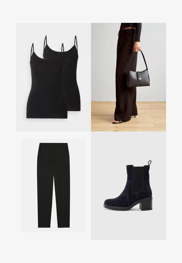 Zwarte mouwloze tops, gemaakt van zachte stof, met verstelbare bandjes en een getailleerd ontwerp. Twee stuks naast elkaar weergegeven.; Zwarte broek met een tailormade ontwerp, voorzien van zijzakken en een rechte pijp. Gemaakt van een soepele, lichte stof met een strakke afwerking.; Marineblauwe suède enkellaars met elastische zijpaneel, ronde neus en blokhak. Gemêleerd weefsel en een gladde zool voegen contrast toe.; Zwarte handtas met gestructureerde vorm, gladde textuur en een metalen sluiting. Gecombineerd met brede zwarte broeken en sandalen met open teen op een houten vloer.