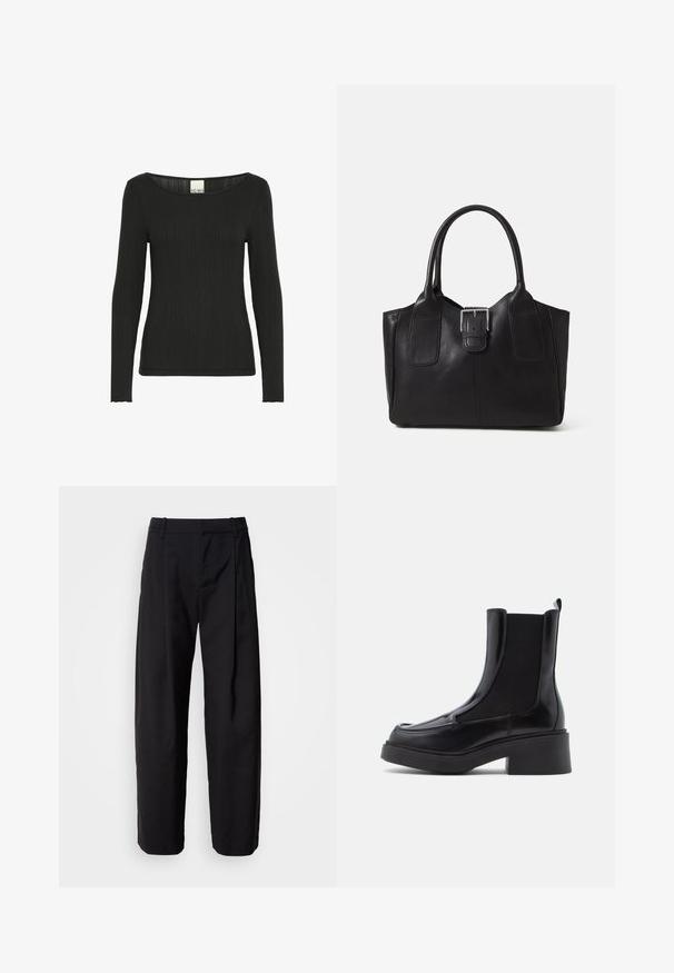 Black long-sleeve top made of ribbed fabric, featuring a wide scoop neckline and a fitted silhouette with textured detailing along the material.; Black trousers with a relaxed fit, pleated front, and belt loops. Smooth fabric and straight legs, featuring side pockets.; Black chelsea boots with a chunky heel, featuring a glossy leather upper and elastic side panels for easy wear. Solid rubber sole.; Black leather tote bag with smooth texture, structured shape, two handles, and a prominent silver buckle detail on the front.