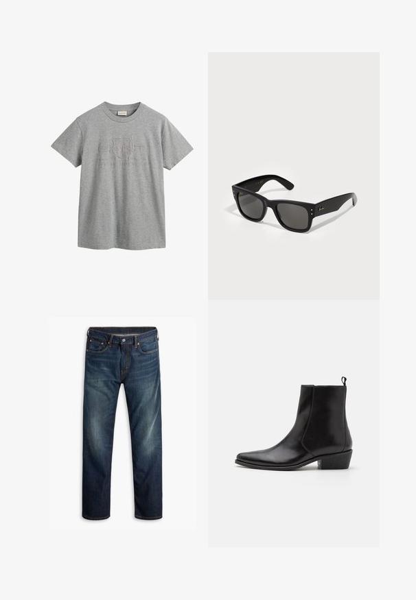 Pilkas medvilnės T-papirius su trumpomis rankovėmis, su apvaliu iškirpimu, su iškilniu logotipu, kuriame yra "GANT" ir "American Sportswear."; Tamsiai mėlynos džinsinės kelnės su nedideliu nusidevėjimu šlaunyse, penkių kišenių dizainas, mygtuko uždarymas ir matoma oranžinė siuvimo linija baltoje fone.; Zign LEATHER - Kaubojiški / motociklininko stiliaus aulinukai - black; Juodos saulės akinių su kvadratiniu rėmeliu, turinčiu tamsius objektyvus. Papuošti mažomis aukso taškeliais ir auksiniu logotipu ant šventyklo. Lygi tekstūra.