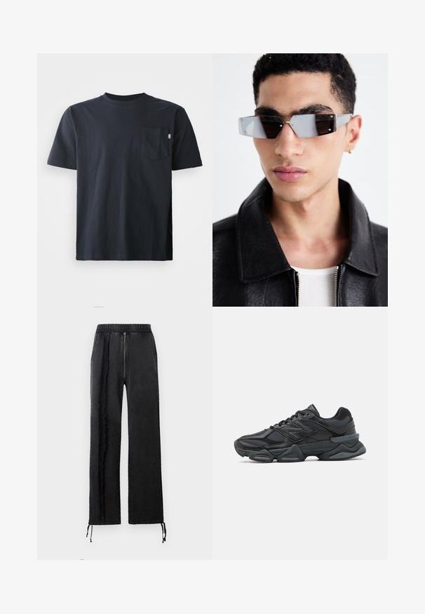 Σκούρο μπλε βαμβακερό T-shirt με στρογγυλή λαιμόκοψη και κοντά μανίκια. Περιλαμβάνει μία ενιαία τσέπη στο στήθος και ίσια σχεδίαση στο τελείωμα.; Μαύρο παντελόνι από μαλακό ύφασμα, με φερμουάρ, ελαστική μέση και σκισμένα διακοσμητικά πλάγια. Περιλαμβάνει ρυθμιζόμενους κορδόνες στα μπατζάκια.; Μαύρο αθλητικό παπούτσι με συνδυασμό πλέγματος και συνθετικών υλικών, χοντρή σόλα, καμπυλωτό σχέδιο και έντονη επωνυμία στο πλάι.; Γωνιακά γκρι-σκιασμένα γυαλιά ηλίου με ασημί υλικά, τοποθετημένα σε ανοιχτό φόντο. Οι φακοί έχουν μια μοναδική γεωμετρική μορφή.