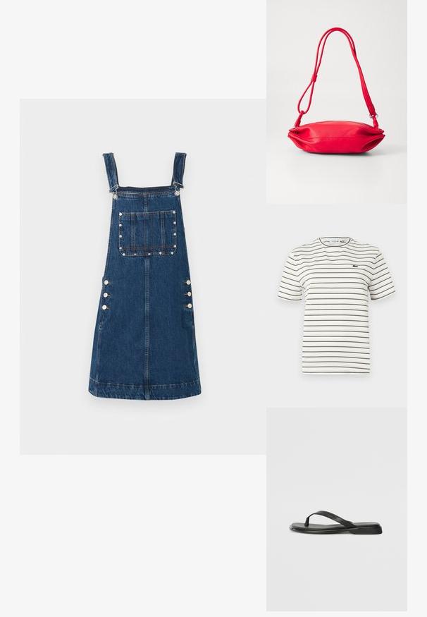 Svītrainā t-kreklā ir balta krāsa ar plānām olīvzaļām svītrām. Tam ir apaļa kakla izgriezums, īsas piedurknes un mazs Lacoste logos uz krūts.; Tumši zilā džinsā izgatavota kopējā kleita ar regulējamiem siksnām, priekšējo kabatu un sānu pogām fiksēšanai. Gluda tekstūra un ikdienišķs dizains.; Melni flip-flopi, kas izgatavoti no gludas ādas, ar plānu siksniņu dizainu un plakanu zoli ar minimālu profilu. Nav ievērojamu rakstu vai akcentu.; Sarkanas ādas rokassoma ar plānu, noapaļotu formu. Izceļas ar vienu regulējamu siksniņu un gludu tekstūru ar smalkiem šuvju akcentiem.