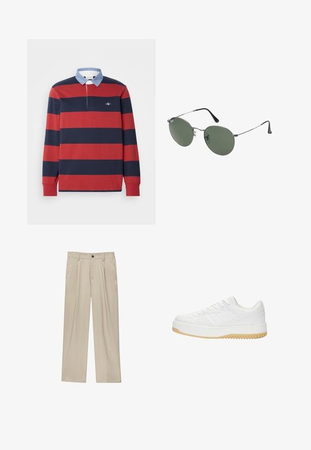 GANT STRIPE HEAVY RUGGER - Top s dlhým rukávom - iron red; Béžové nohavice s rovný strihom, s jedným čiernym gombíkom, pútkami na opasok a bočnými vreckami. Hladká textúra látky a minimálny dizajn.; Biele kožené tenisky s textúrovaným povrchom, s gumovou podrážkou, šnurovacími detailami a subtilnými pruhmi na stranách.; Sunglass s metalovým rámom s oválnymi zelenými šošovkami. Tenký strieborný kovový rám a čierne štuple za uši. Minimalistický dizajn, bez viditeľných log.