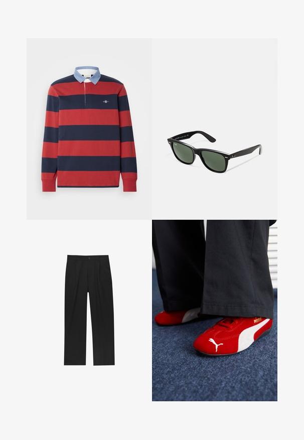 GANT STRIPE HEAVY RUGGER - Top s dlouhým rukávem - iron red; Černé kalhoty s rovnými nohavicemi, vyrobené z hladké tkaniny. Mají přední záhyby a jedno knoflíkové zapínání v pase.; Červené semišové tenisky s bílými detaily, mají texturovaný materiál, kulatou špičku a zlaté logo na boku, nošené s černými kalhotami.; Černé plastové sluneční brýle se zelenými skly, čtvercové obroučky, stříbrný detail na obočí a texturované stranice. Značka uvedená na vnitřní straně stranic.