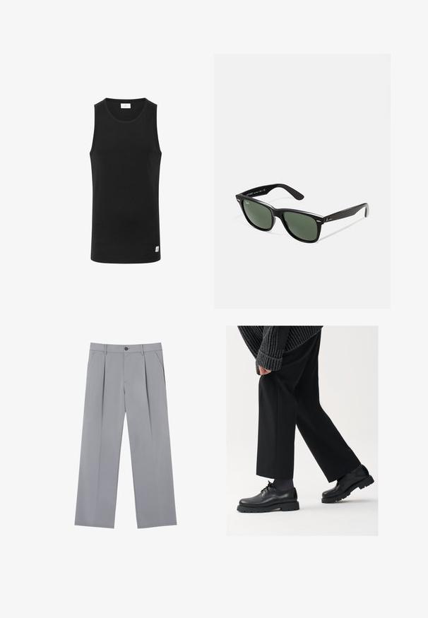 Svart ärmlös linne av ribbad tyg, med rund halsringning och en liten logotypetikett i fållen. Enkel, figursydd design.; Grå veckade byxor med en avslappnad passform, tillverkade av ett lätt material. Har framfickor och ett knäppningshål i midjan.; Svarta läderskor med rund tå, snörningsdesign och tjock, strukturerad sula. Bärs med skräddarsydda svarta byxor och en ribbad tröja.; Svarta plastsolglasögon med gröna linser, fyrkantiga bågar, silverdetalj på ögonbrynet och texturerade skalmar. Angiven märkning på den inre skalmen.