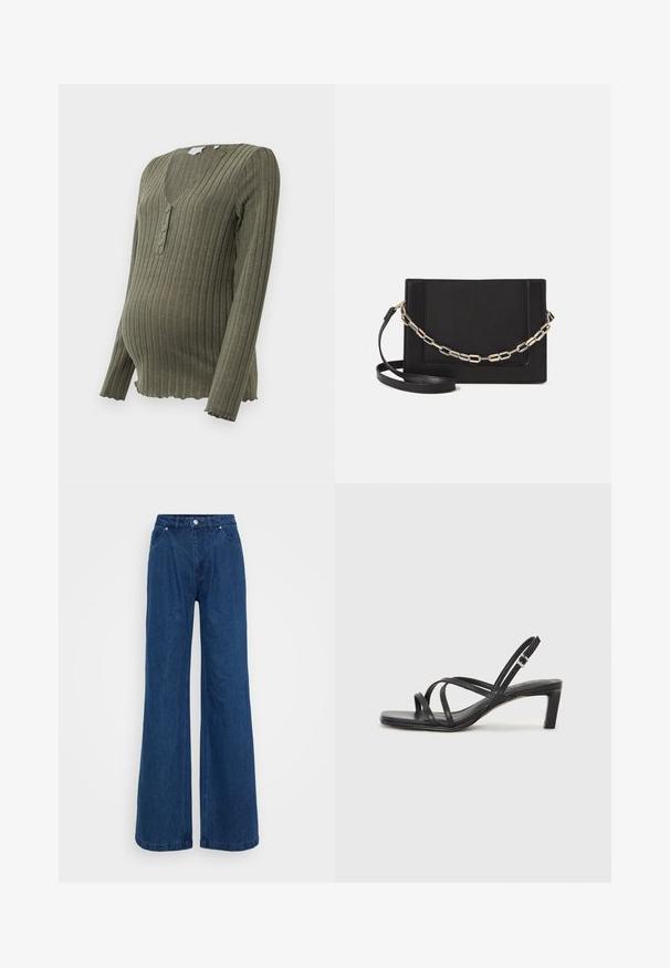 Olivamedžio žalia nėščiųjų viršutinė su ilgomis rankovėmis, V formos iškirpte ir trimis sagomis. Bangos formos apatinė dalis suteikia tekstūrą ir detalumą.; Mėlynos plačios džinsinio audinio kelnės su aukšta juosmens linija, priekyje mygtukas ir užtrauktukas, bei priekinės ir užpakalinės kišenės prieš paprastą foną.; Juodi šlepetės su kvadratiniu pirštu ir žemu bloku kulnu. Yra keli ploni dirželiai ir reguliuojamas kulkšnies diržas. Pagaminti iš lygios odos.; Juodas odinis per petį nešiojamas krepšys turi lygų paviršių, stačiakampio formą ir metalinę grandinėlę priekyje. Pridedama reguliuojama dirželis.