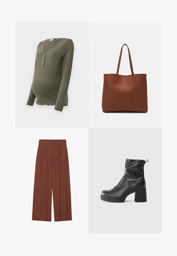 Tamnozeleni pletivni majica za trudnice s dugim rukavima, V-izrezom i plaketom s tri gumba. Valoviti rub dodaje teksturu i detalje.; Hlače širokih nogavica od smeđeg materijala, s remenom sa kvadratnom kopčom, nabranim dizajnom i glatkom teksturom.; Crne gležnjače od glatke kože, s bočnim zatvaračem, debelim teksturiranim potplatom i dizajnom s zaobljenim prstima.; Smeđa kožna torba preko ramena s glatkom teksturom, otvorenim vrhom i dvjema naramenicama. Ima minimalne šavove i nema vidljivog hardvera.