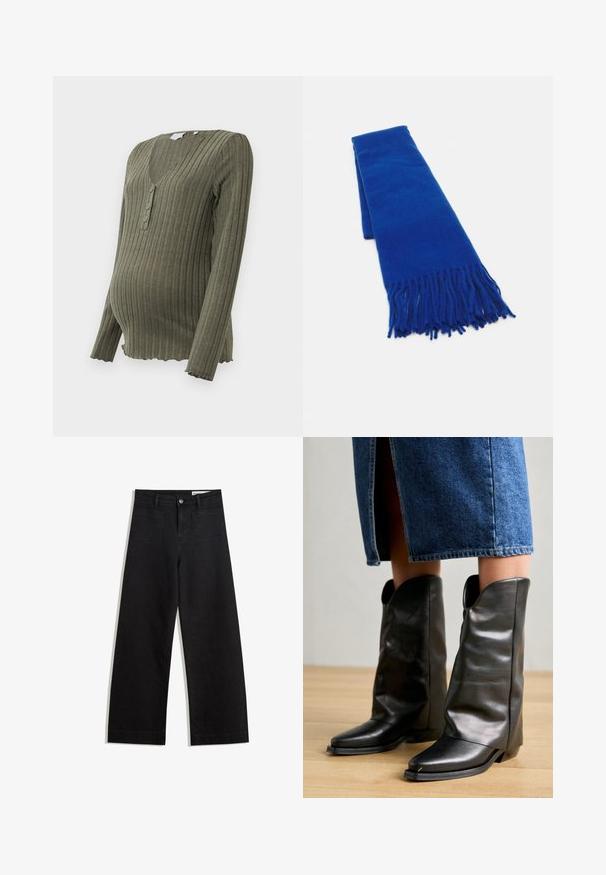 Olive green ribbed maternity top with long sleeves, V-neck, and three-button placket. Scalloped hemline adds texture and detail.; Black wide-leg denim pants with a high waist, featuring front and back pockets, stitched seams, and a button closure. Smooth texture.; Pavement CALLISTA - Cowboy/Biker boots - black; Blue woven scarf with fringed ends, smooth texture, rectangular shape, and uniform color throughout. Suitable for cold weather.