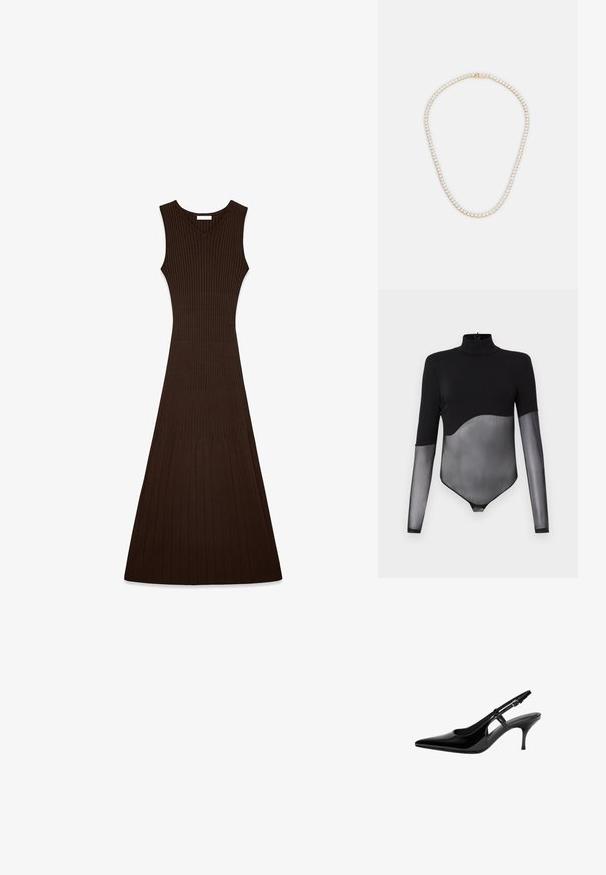 Black bodysuit with a high neck. Features solid upper section and sheer mesh long sleeves, accentuated by a curved design at the waist.; Brown ribbed knit maxi dress with a V-neckline, sleeveless design, and a fitted bodice that flares out toward the hem.; Black patent leather slingback pump with pointed toe, open side cutouts, slim heel, and adjustable ankle strap.; Burgundy textured faux leather clutch with a gold chain strap and a metal accent clasp. Rectangular shape, smooth finish, minimal detail.; Gold necklace featuring a single strand of clear, round-cut crystals, securely set, with a smooth, polished finish. Oval shape, delicate design.