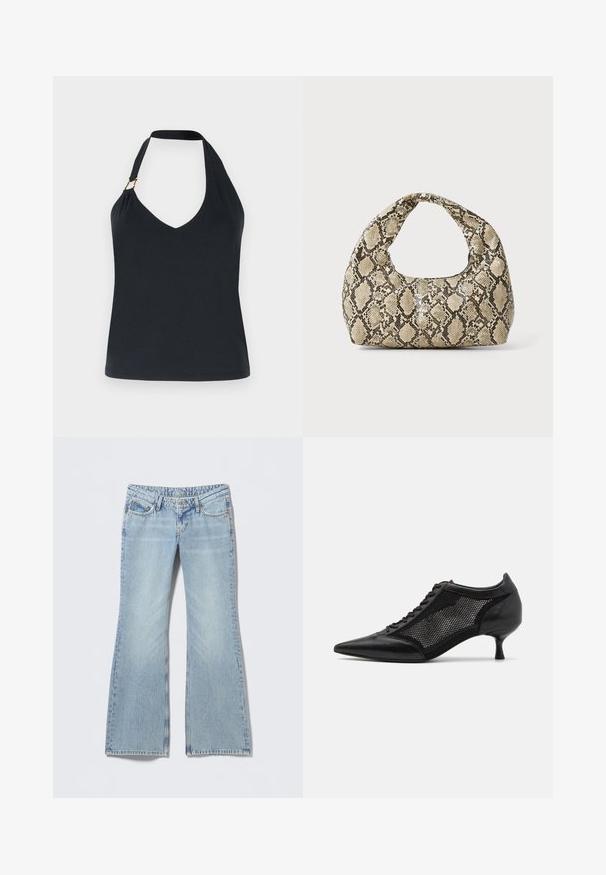 Top halter nero con scollatura a V, realizzato in morbido tessuto, con una spallina rinforzata e un sottile accento dorato sulla spalla.; Jeans a zampa di tonalità azzurro chiaro con finitura sbiadita, design a cinque tasche e cuciture a contrasto. Denim di cotone con una texture liscia.; Scarpa nera a punta con un design a pannello di rete, dotata di un tacco basso e lacci frontali. Realizzata in una combinazione di pelle e materiale a rete.; Borsa a stampa rettile con manico curvo. Realizzata in materiali testurizzati beige e marroni, presenta un distintivo motivo a rombi.