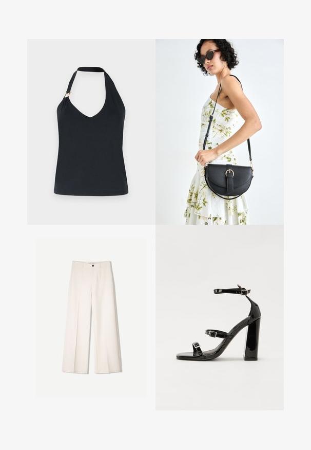 Top halter nero con scollatura a V, realizzato in morbido tessuto, con una spallina rinforzata e un sottile accento dorato sulla spalla.; Pantaloni larghi color crema con design sartoriale, dotati di due tasche frontali e una chiusura con bottone anteriore, realizzati in tessuto liscio.; Sandali con tacco in vernice nera, con punta squadrata, cinturini alla caviglia e fibbie in argento. Presentano un tacco a blocco spesso per maggiore stabilità.; Borsa a tracolla nera in pelle con una forma curva, manico rimovibile e accessori dorati. La borsa presenta una patta con un dettaglio a fibbia.