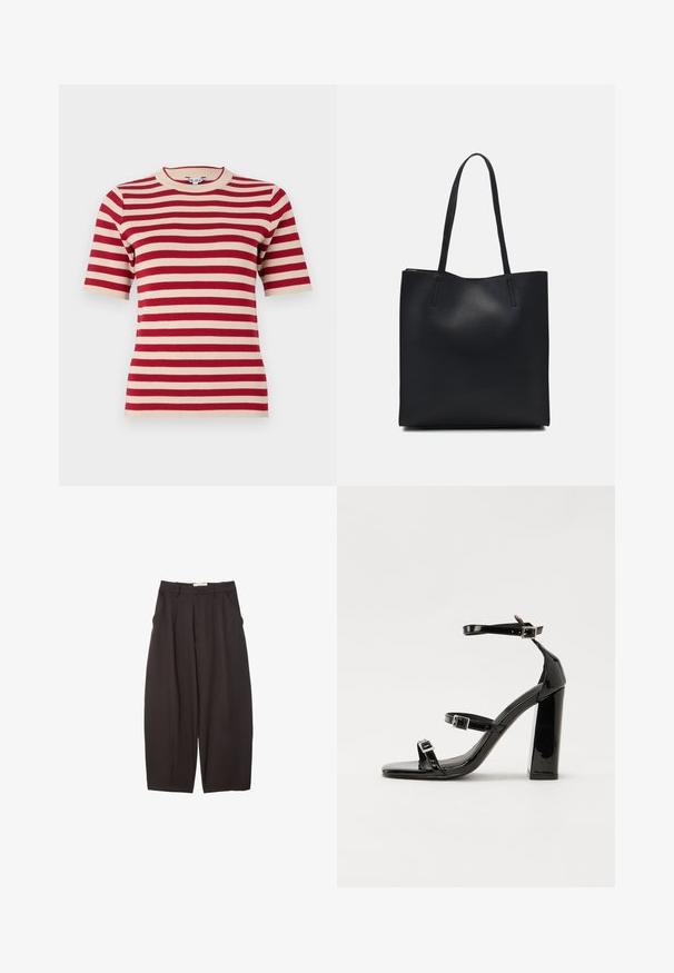 Rot- und cremefarbener gestreifter Kurzarm-Pullover mit rundem Ausschnitt und gerippter Textur. Gleichmäßig verteilte Streifen über den Stoff.; Schwarze weit geschnittene Hosen aus einem glatten Stoff, mit hoher Taille, Frontfalten und Seitentaschen. Schlichtes Design ohne Verzierungen.; Schwarze patentierte Sandalen mit Absatz, quadratischer Spitze, Knöchelriemen und silbernen Schnallen. Mit einem stabilen Blockabsatz für mehr Stabilität.; Schwarze Laptoptasche aus Leder mit glatter Textur, rechteckiger Form und zwei langen Griffen. Keine sichtbaren Beschläge oder Verzierungen.
