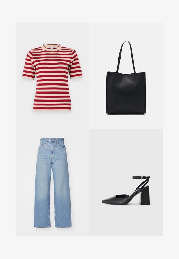 Punane ja kreemjastriibuline lühikese varrukaga kudumissärk ümmarguse kaelusega ja ribakudumisega. Ühtlaselt paigutatud triibud materjalil.; Heledad sinine kõrge vöökohaga laiad teksad, ees nupp ja tõmblukk, ees ja taga taskud, valge tausta peal.; Mustmustest must-käigukingad, millel on konksuga nöör ja paks konts. Ühtlane tekstuur, stiilne disain ja minimalistlik esteetika.; Mustast nahast kott sujuva tekstuuriga, ristkülikukujuline ja kahe pika sangaga. Pole nähtavat riistvara ega kaunistusi.