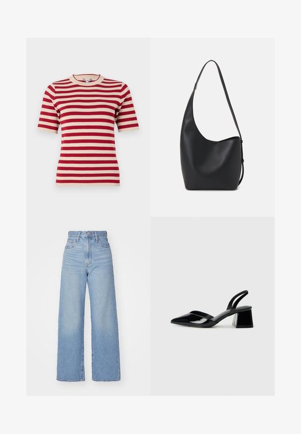 Rot- und cremefarbener gestreifter Kurzarm-Pullover mit rundem Ausschnitt und gerippter Textur. Gleichmäßig verteilte Streifen über den Stoff.; Hellblaue High-Waist-Weite-Leg-Jeans mit Knopf- und Reißverschluss vorne, Vorder- und Rückentaschen, auf weißem Hintergrund.; Schwarze Lackleder-Slingback-High Heels mit spitzem Schuh und einem geometrischen Blockabsatz. Verfügt über ein schlankes, minimalistisches Design und eine glatte Textur.; Schwarze Leder-Hobo-Tasche mit einer glatten Textur, geschwungener Form und einem einzelnen verstellbaren Tragegurt; verfügt über eine weite Öffnung am oberen Ende.
