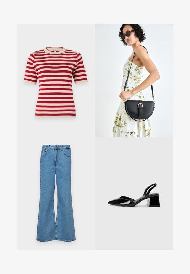 Rød og creme-stribet kortærmet strik t-shirt med rund halsudskæring og ribbet tekstur. Jævnt fordelte striber over stoffet.; Lysblå flagrende jeans lavet af denim, med høj talje, fem lommer og en enkelt knaplukning. Blød tekstur med en falmet finish.; Sorte patentlæder slingback hæle med spids tå og en geometrisk blok hæl. Har et elegant, minimalistisk design og en glat tekstur.; Sort læderhåndtaske med en buet form, aftagelig rem og guldfinish. Tasken har en klap med en spænde detalje.
