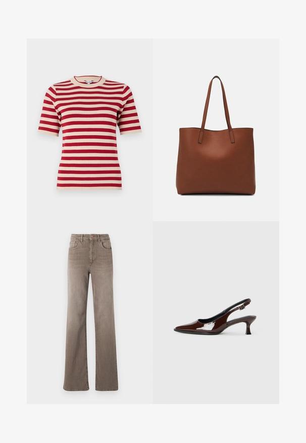 T-shirt en tricot à manches courtes rayé rouge et crème avec un col rond et une texture côtelée. Rayures uniformément espacées sur le tissu.; Jean taille haute droit marron avec bouton avant, passants de ceinture et design classique à cinq poches sur fond blanc.; Chaussure slingback en cuir verni marron avec un bout pointu et un talon modéré. Elle est dotée d'une sangle à boucle pour un ajustement sécuritaire. Texture lisse.; Sac fourre-tout en cuir marron avec une texture lisse, design à ouverture supérieure et deux poignées pour le porter à l'épaule. Présente des coutures minimales et aucun matériel visible.