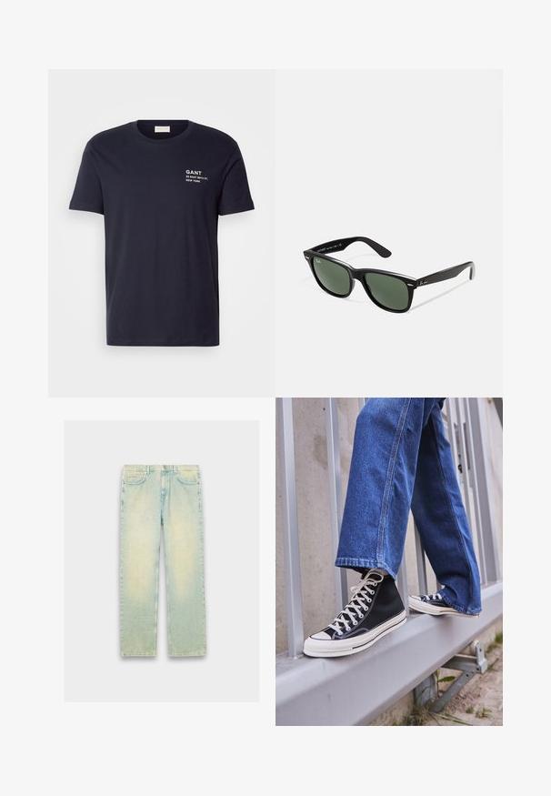 Mørkeblå bomull t-skjorte med korte ermer, rund hals og hvit trykt tekst: "GANT 32 EAST 39TH ST. NEW YORK" på brystet.; Lyseblå denimjeans med løs passform, fem lommer, glidelås og en falmet finish langs lårene og knærne.; Svarte høy-hælte joggesko med hvit såle og snøring, paired med løse blå denim-jeans, hvilende på et grått rekkverk.; Sorte plast-solbriller med grønne linser, firkantede rammer, sølvdetalje på brynene, og teksturerte stangarmen. Angitt merke på indre arm.