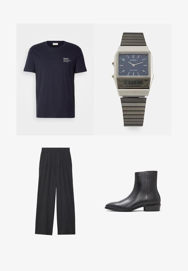 Granatowa bawełniana koszulka z krótkim rękawem, okrągłym dekoltem i białym nadrukiem: "GANT 32 EAST 39TH ST. NOWY JORK" na klatce piersiowej.; Szerokie spodnie wykonane z ciemnoszarego materiału. Posiadają pliski w talii, dopasowany krój oraz prostą sylwetkę.; ALDO AMUR czarny; Zegarek cyfrowy Casio z niebieską tarczą, srebrną kopertą i dwupowłokowym czarnym paskiem gumowym. Wyświetla godzinę oraz ustawienia alarmu. Wodoszczelny.