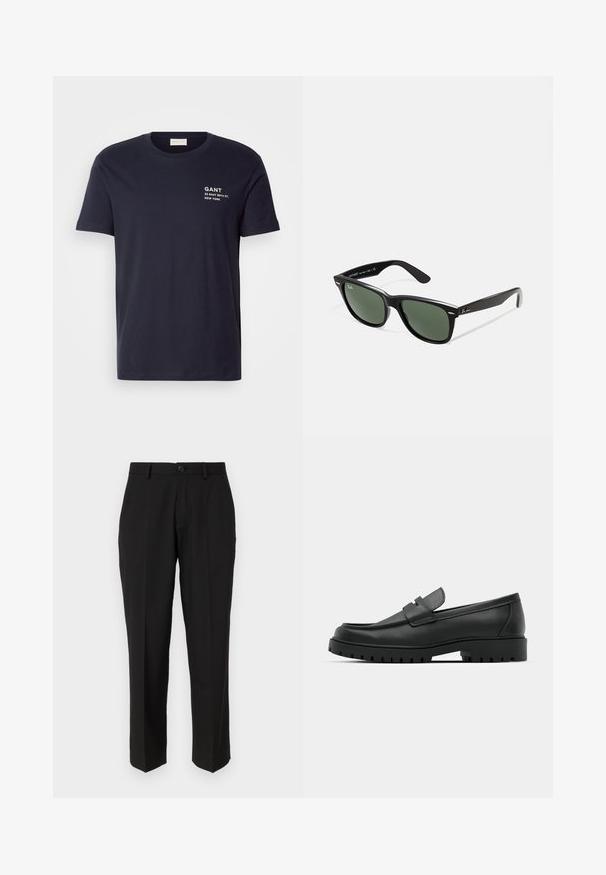Camiseta de algodón azul marino con mangas cortas, cuello redondo y texto impreso en blanco: "GANT 32 EAST 39TH ST. NEW YORK" en el pecho.; Pantalones negros de tela suave, con un diseño de pierna recta, bolsillos delanteros, un cierre de botón y sin patrones visibles.; Mocasines de cuero negro con punta redonda, que cuentan con un diseño cosido, suela de plataforma baja y una suela de goma texturada y con tacos.; Gafas de sol de plástico negro con lentes verdes, montura cuadrada, acento plateado en la ceja y brazos texturizados. Marca indicada en el brazo interno.; Bolsa de viaje de cuero marrón con cierre de cremallera, doble asa, correa de hombro ajustable y patrones de textura visibles en la superficie.