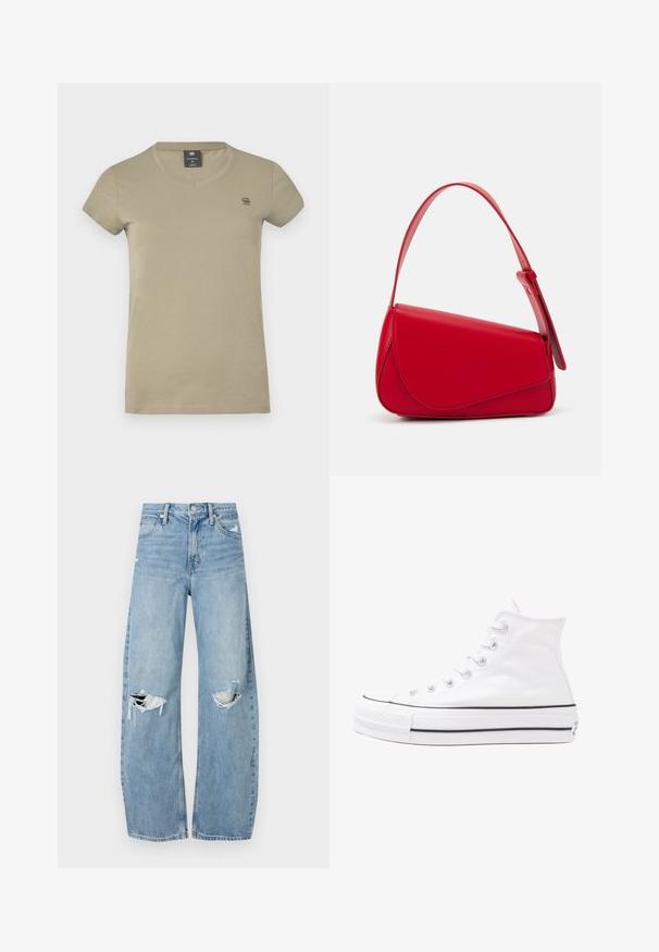 Khaki short-sleeve t-shirt made of cotton. Features a v-neck collar and a small logo on the left chest area. Smooth texture.; Light blue, high-waisted jeans made of denim. Feature wide legs, two torn knee areas, and classic five-pocket styling.; White high-top canvas sneaker with black rubber sole, front rubber toe cap, and six eyelets for laces, featuring a clean, minimalist design.; Red leather handbag with an angular, geometric design. Features a single adjustable strap and a flap closure with stitched detailing.