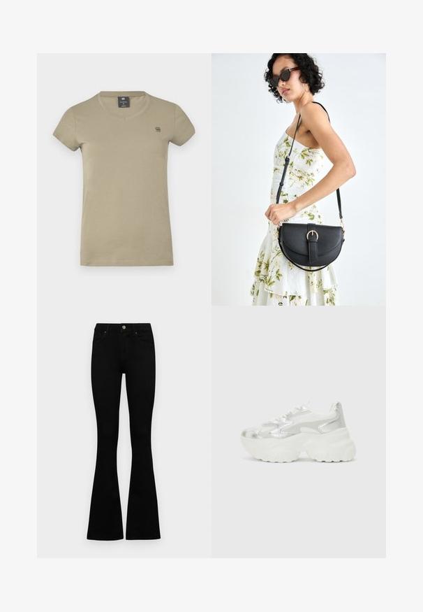 Chaki trumpas rankovėmis marškinėliai pagaminti iš medvilnės. Turi V formos apykaklę ir mažą logotipą kairėje krūtinės pusėje. Lygus paviršius.; Juodos aukšto liemens džinsai su mygtuku ir užtrauktuku, priekinėmis kišenėmis ir platėjančiomis kojomis, išdėstyti ant baltos fono.; Sidabriniai sportbačiai su tekstūriniu tinkliniu viršumi ir iššokančiomis akcentais, turintys masyvų baltą pado ir raištelių užsegimą.; Juodas odinis krepšys su išlenkta forma, nuimamu dirželiu ir auksiniais detalėmis. Krepšys turi kilpą su sagtimi.