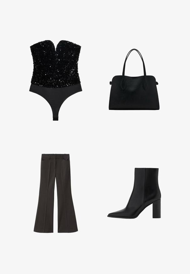 Mango XPISCIS - Top - black; Črne razširjene hlače z visokim pasom; vključujejo dva sprednja žepa in gladko teksturo tkanine. Primerne za različne priložnosti.; Črne usnjene gležnjarje z ostrim nosom, kvadratno peto, gladko teksturo in šivi ob šivih. Pete merijo približno 3,5 palca.; Črna usnjena torbica z dvema naramnima trakoma, pravokotne oblike in minimalističnim dizajnom na beli podlagi.