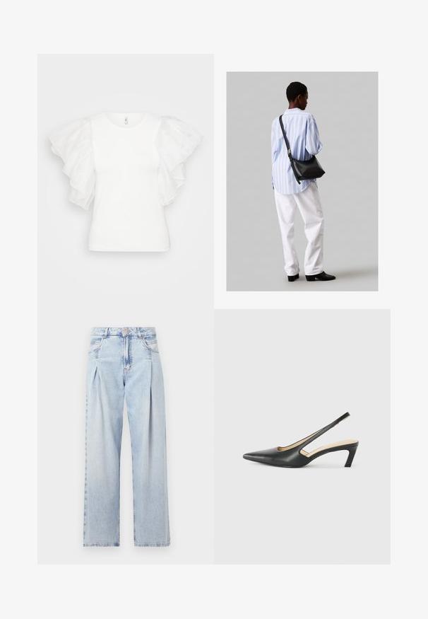 Hvit t-skjorte med korte ermer som har gjennomsiktige, lagdelte volanger. Stoffet ser glatt ut, og utringningen er rund.; Lyseblå denimjeans med høy livlinje, vide ben, to sidelommer og plisserte detaljer. Myk tekstur med en falmet finish.; Svart spiss tå slingback-sko med lav hæl, laget av jevnt skinnmateriale og med utskåret design på siden for pusteevne.; Svart lær skulderveske med en myk tekstur, trekantet form og justerbar stropp, kombinert med en lyseblå stripete skjorte og hvite bukser.