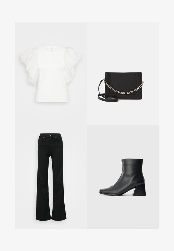 Bijela majica s kratkim rukavima koja ima prozirne, slojevite volane. Tkanina izgleda glatko, a ovratnik je okrugli.; Crne široke traperice od denima, s visokim strukom, pet džepova i metalnim zatvaračem. Glatka tekstura s minimalnim detaljima.; Crne kožne gležnjače sa četvrtastim vrhom, bočnim patentnim zatvaračem i blok petom na jednostavnoj svijetloj pozadini.; Crna kožna torba preko tijela s glatkom teksturom, pravokutnim oblikom i metalnim lancem na prednjoj strani. Uključena je podesiva naramenica.